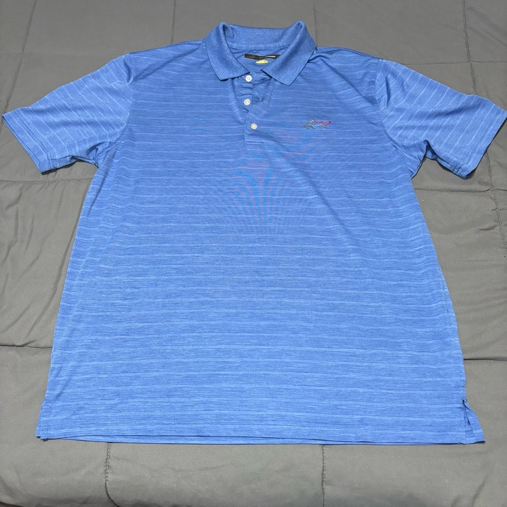 Greg Norman 100 % polyester‎ short sleeve men’s blue striped shirt